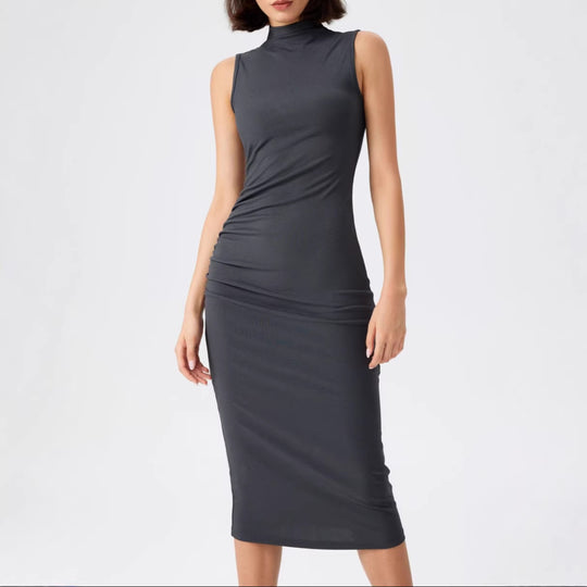 Damen elegantes Midi-Kleid mit figurbetontem Schnitt und hohem Kragen R&B