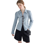 Damen Denim-Bluse mit historischem Schnürdetail und lässiger Passform R&B