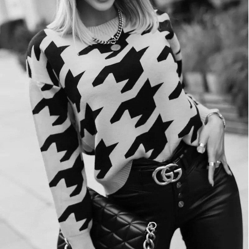 Damen lockerer Strickpullover mit modernem Hahnentrittmuster und Rundhalsausschnitt R&B