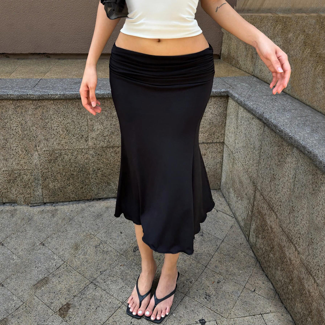 Damen eleganter, fließender Midi-Rock mit dehnbarem Bund und geschwungenem Saum R&B