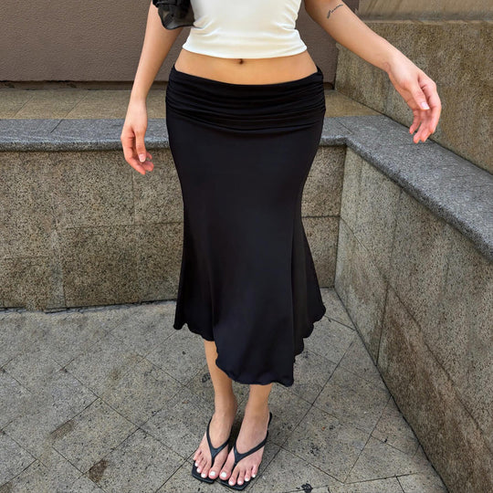 Damen eleganter, fließender Midi-Rock mit dehnbarem Bund und geschwungenem Saum R&B