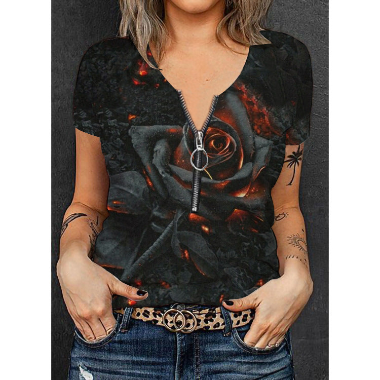 Damen Modisches T-Shirt mit Reißverschluss und floralem Design R&B