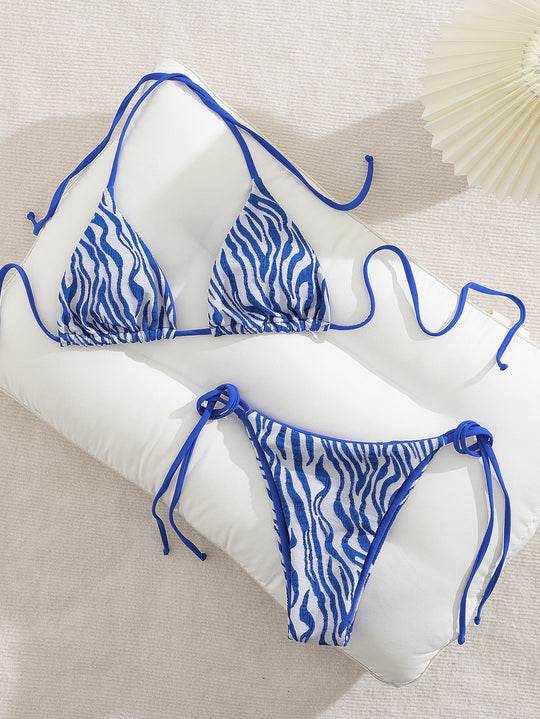 Damen Triangel-Bikini mit trendigem Zebra-Muster und verstellbaren Bindebändern R&B
