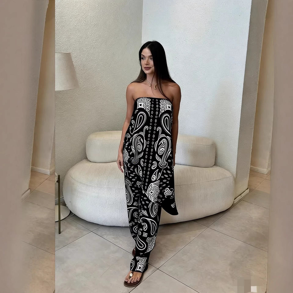 Damen lässiger Jumpsuit mit weitem Schnitt und stylischem Muster R&B