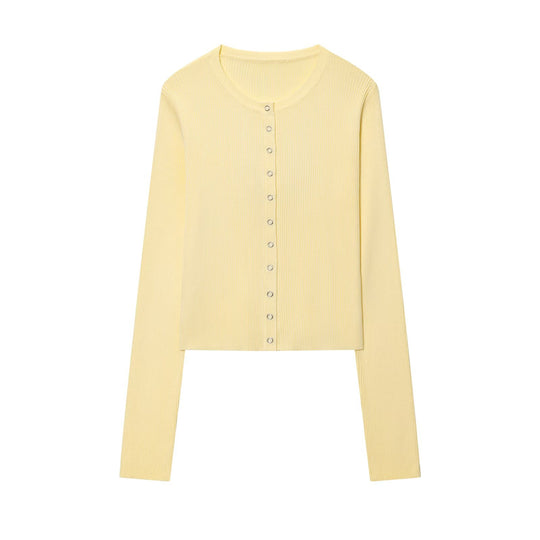 Damen cropped Langarmshirt mit Knopfdetails und Rippstruktur R&B