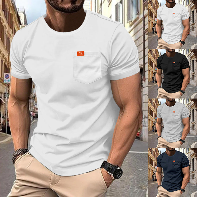 Herren nan klassisches Rundhals-T-Shirt mit Brusttasche und verstärktem Saum R&B