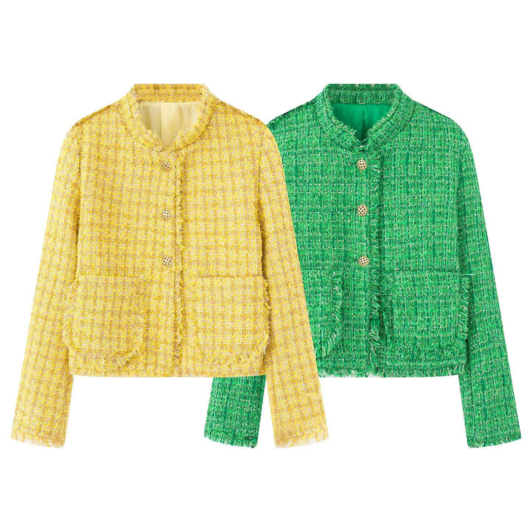 Damen elegante Kurzjacke aus strukturiertem Gewebe mit goldenen Knöpfen Heidi-Mode
