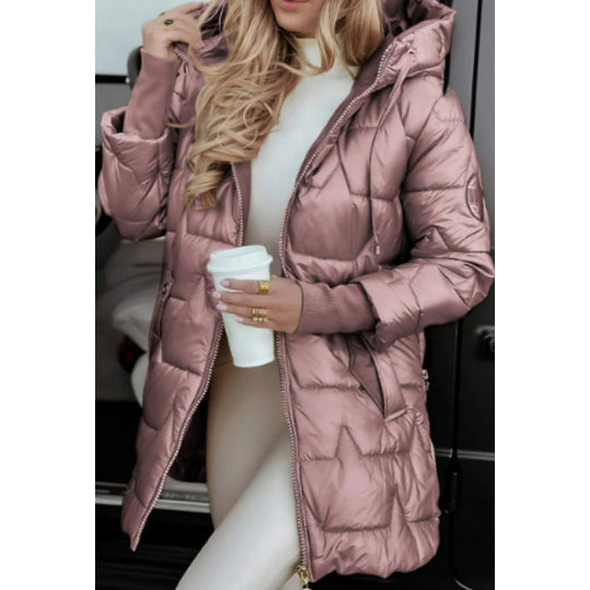 Damen Longline Steppjacke mit abnehmbarem Kapuzenfutter und seitlichen Reißverschlusstaschen R&B