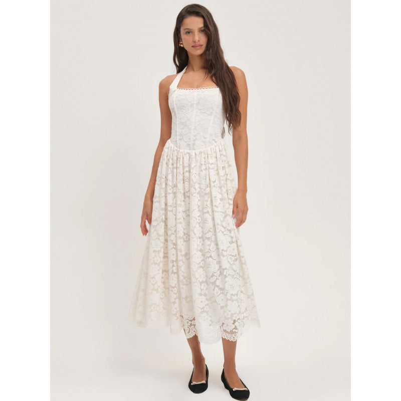 Damen luftiges Sommerkleid mit romantischem Spitzenoberteil und elastischem Taillenbund R&B