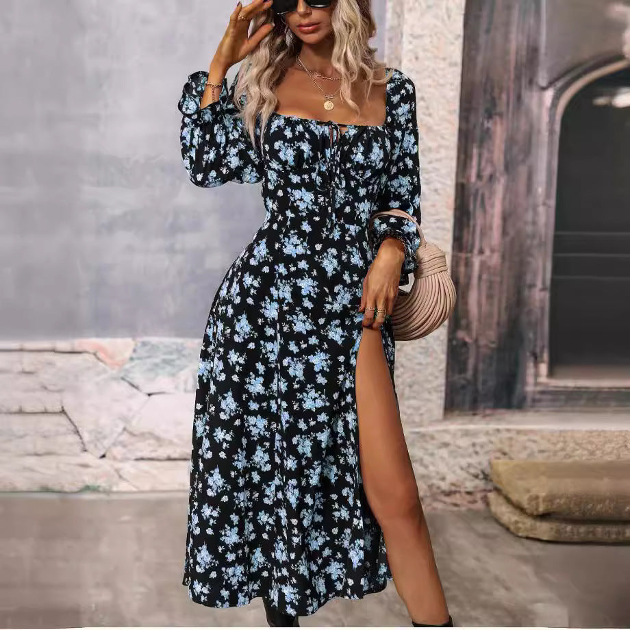Damen Maxikleid mit tiefem Ausschnitt und Rüschenärmeln R&B