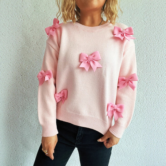 Damen Pullover mit verspielten Schleifenapplikationen R&B