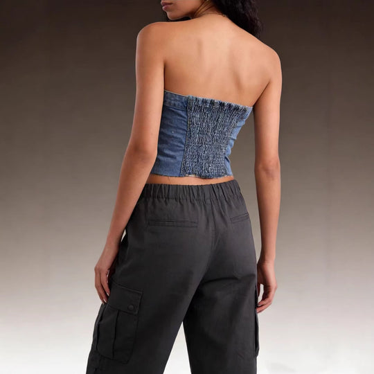 Damen Denim Bustier-Top mit Knopfdetail und Fransen R&B