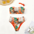 Damen Bandeau-Bikini mit lhaftem Tropenmuster und hohem Taillenschnitt