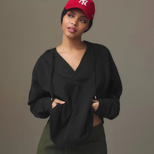 Damen Lässiger Kapuzenpulli mit V-Ausschnitt und bequemen Ärmeln R&B