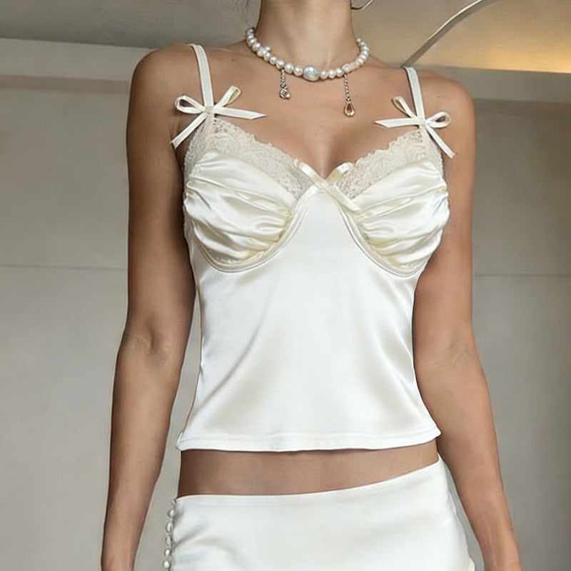 Damen Satin-Camisole mit Spitze und verspielten Schleifen R&B