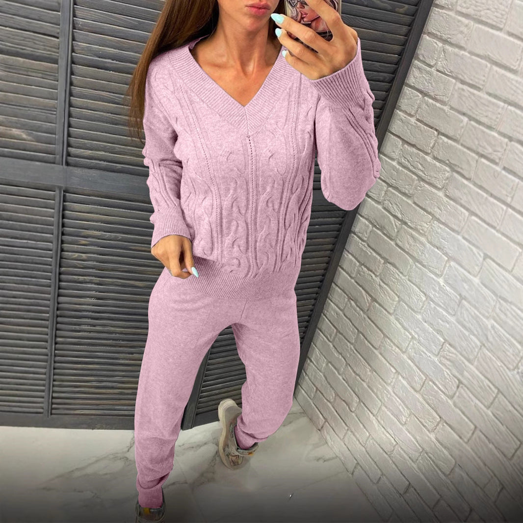 Damen Strickpullover und Jogginghose Set mit Zopfmuster R&B