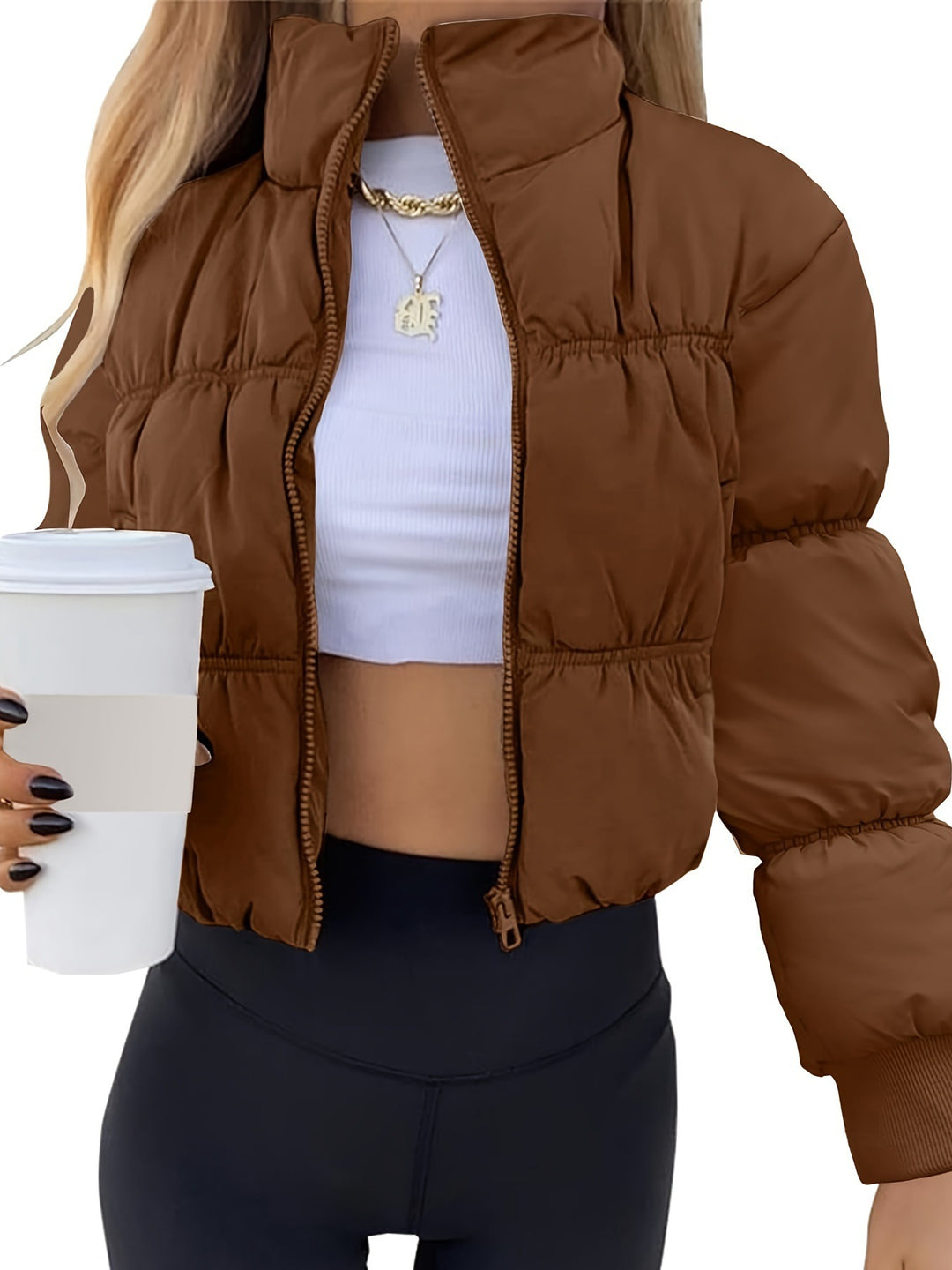 Damen gesteppte Kurzjacke mit hohem Kragen und voluminösem Schnitt R&B
