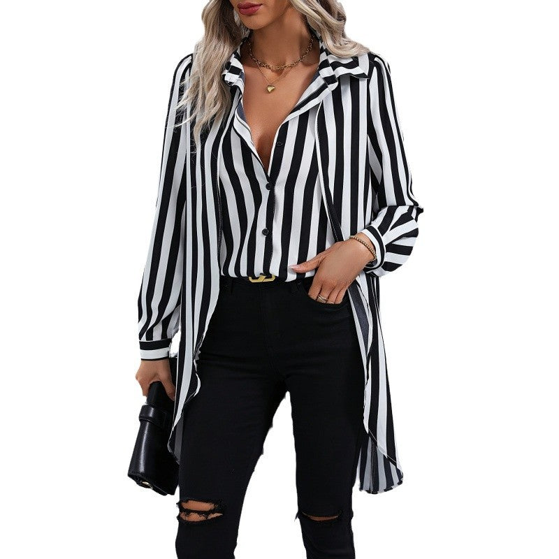 Damen Langarm Hemdbluse im modernen Streifenlook mit asymmetrischem Schnitt R&B