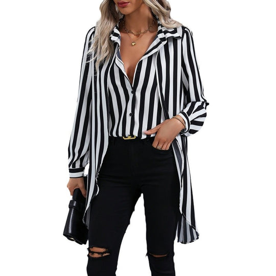 Damen Langarm Hemdbluse im modernen Streifenlook mit asymmetrischem Schnitt R&B