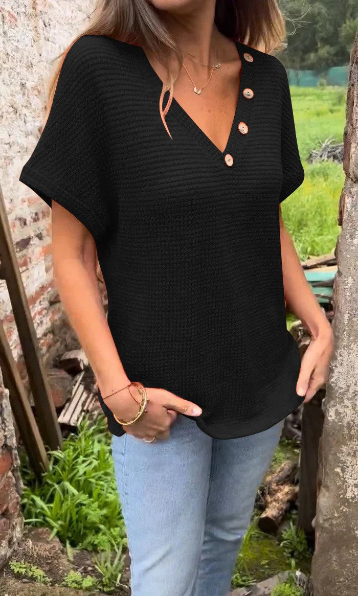 Damen lässiger V-Ausschnitt Pullover mit Knöpfen R&B