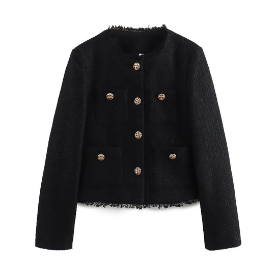 Damen elegante Tweedjacke mit Fransen und praktischen Taschen R&B