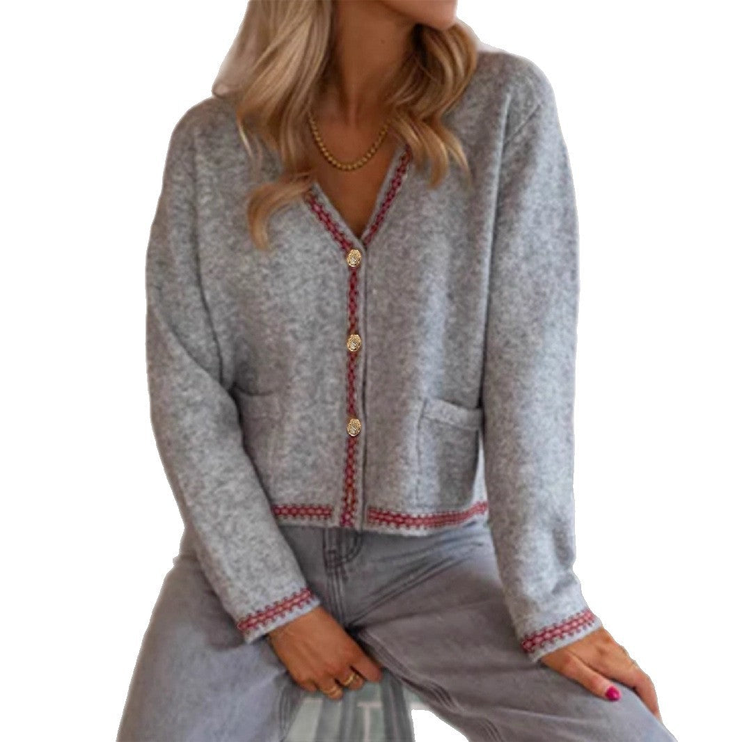 Damen modische Strickjacke mit dekorativen Knöpfen und Stickdetails