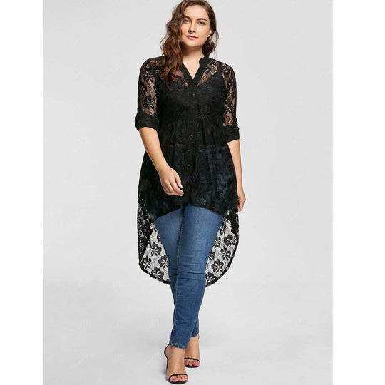 Damen Elegantes Longblusenshirt mit floralen Spitzeneinsätzen und asymmetrischem Saum R&B