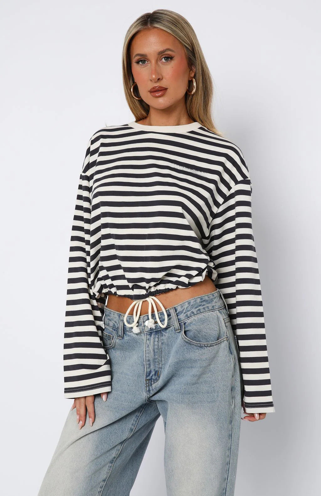 Damen cropped gestreifter Sweatshirt mit Kordelzug R&B