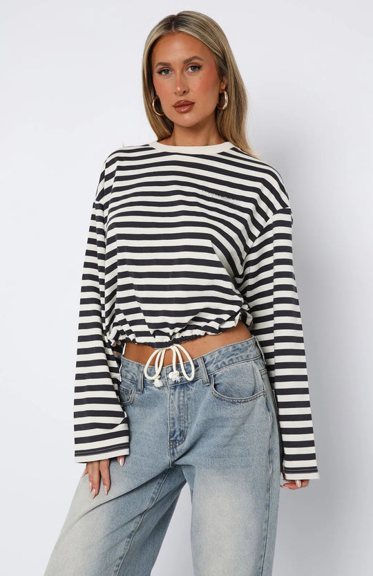 Damen cropped gestreifter Sweatshirt mit Kordelzug R&B