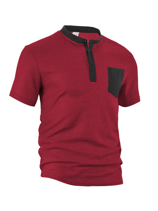 Herren nan atmungsaktives Waffel-Henleyshirt mit Stehkragen kurzer Knopfleiste und aufgesetzter Brusttasche R&B