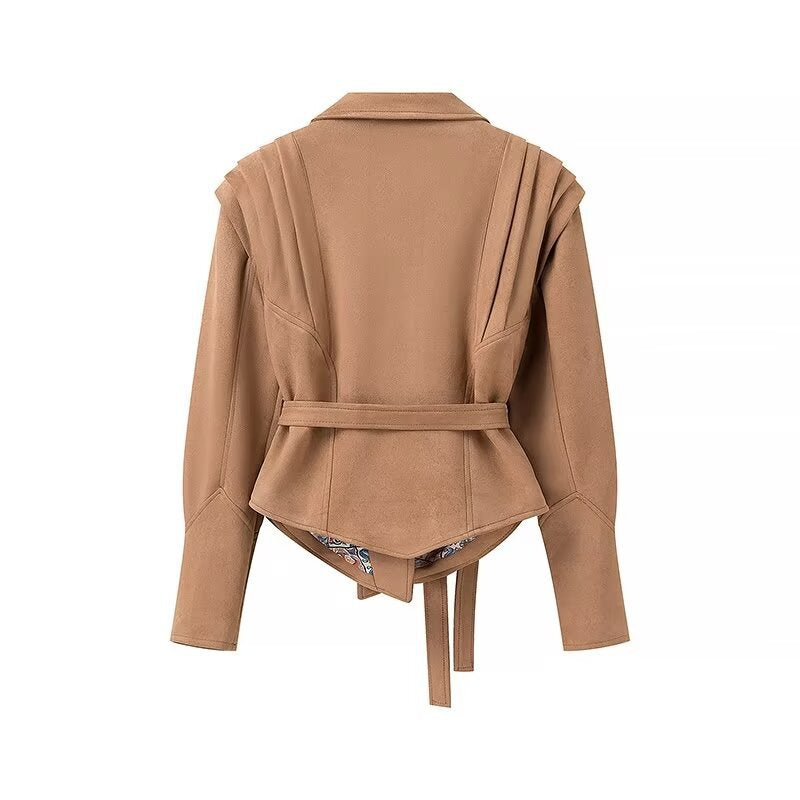 Damen modische kurze Blazerjacke mit Gürtel und dekorativen Falten R&B