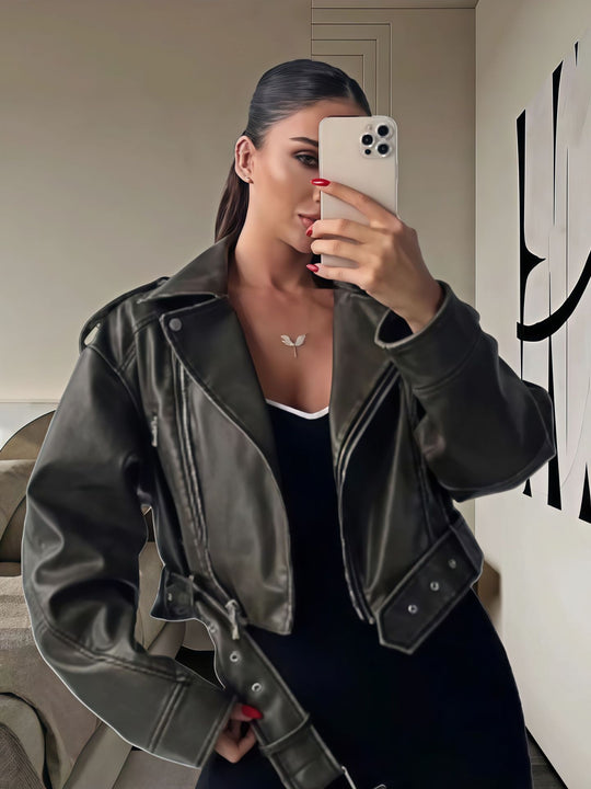 Damen cropped Kunstlederjacke mit asymmetrischem Reißverschluss und weichem Innenfutter R&B