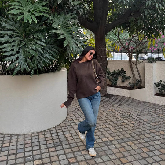Damen Bequemer Oversized Crewneck Pullover R&B