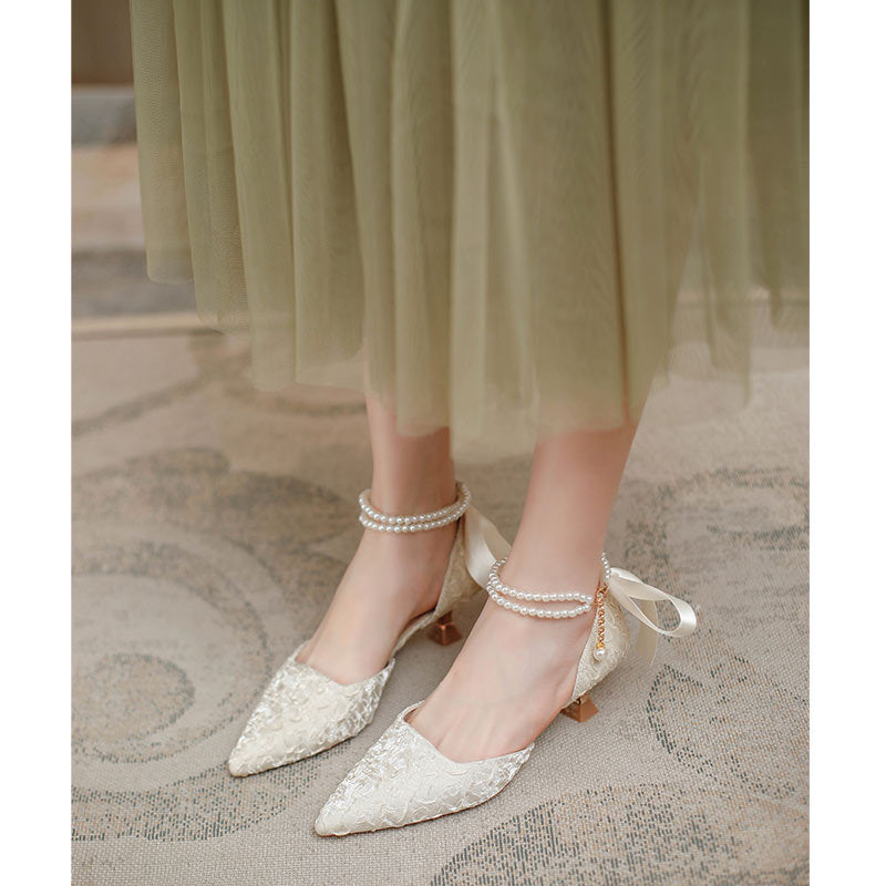 Damen elegante spitze Slingback-Pumps mit luxuriösem Perlenschmuck