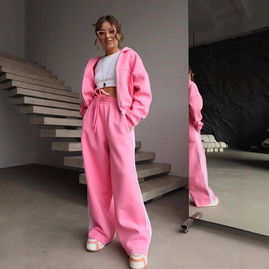Damen Trendiges Sport-Lounge-Set mit cropped Sweatjacke und weit geschnittenen Jogginghosen R&B