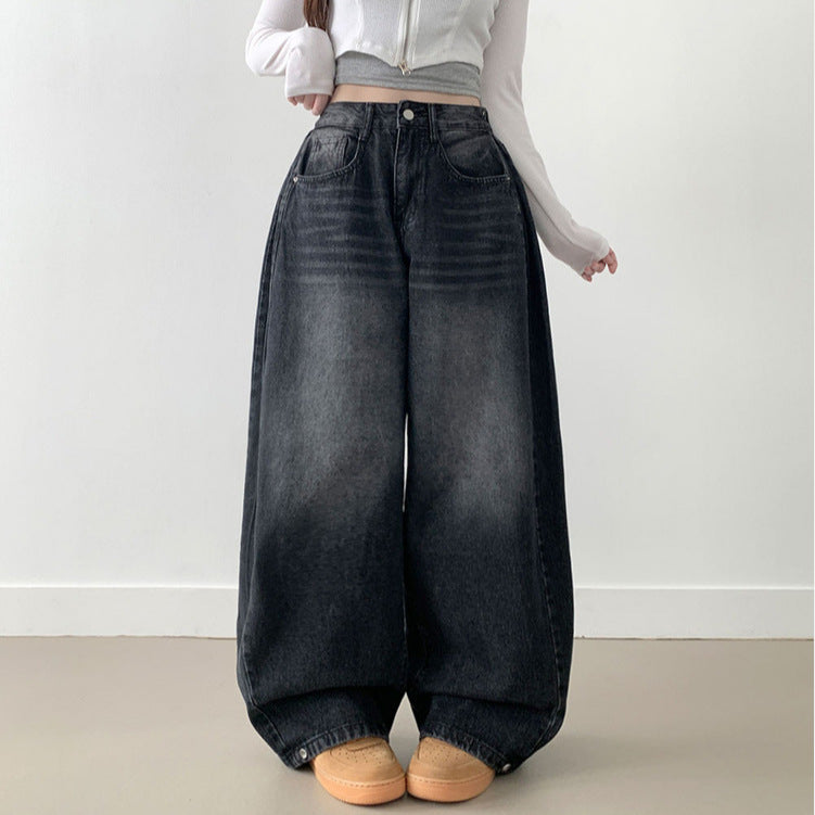 Damen Weite High-Waist Denim-Hose mit Faltenwurf R&B
