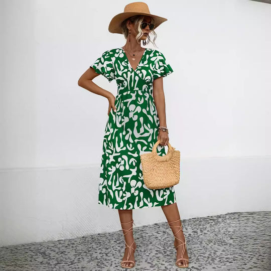 Damen Midi-Kleid mit V-Ausschnitt und fließenden Rüschendetails R&B