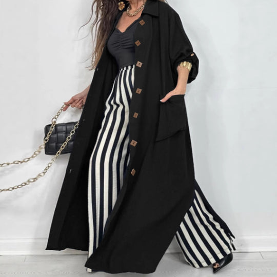 Damen Langmantel aus weichem Stoff mit eleganten Knopfdetails und Taschen R&B