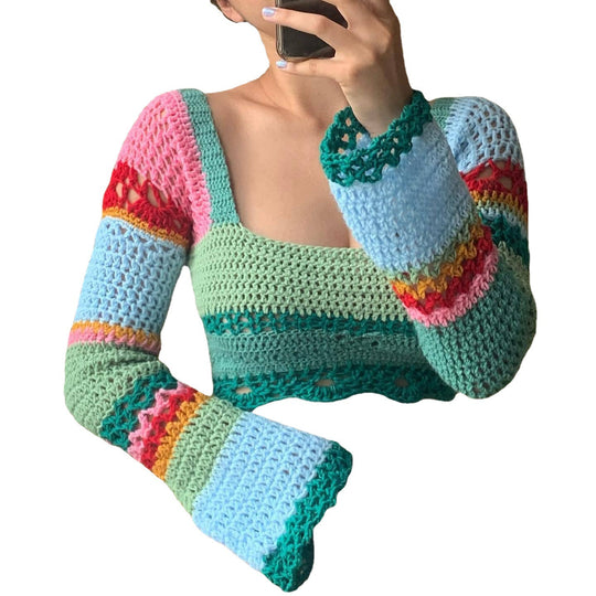 Damen gehäkeltes Crop-Top mit langen Ärmeln und ausgefallenem Saum R&B