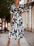 Damen Midikleid mit geometrischem Muster und elastischem Bund R&B