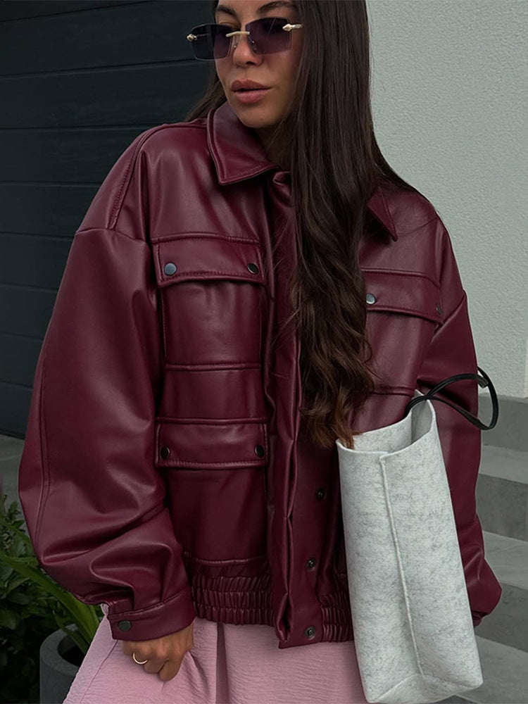 Damen oversized Kunstlederjacke mit funktionalen Taschen und elastischem Bund R&B