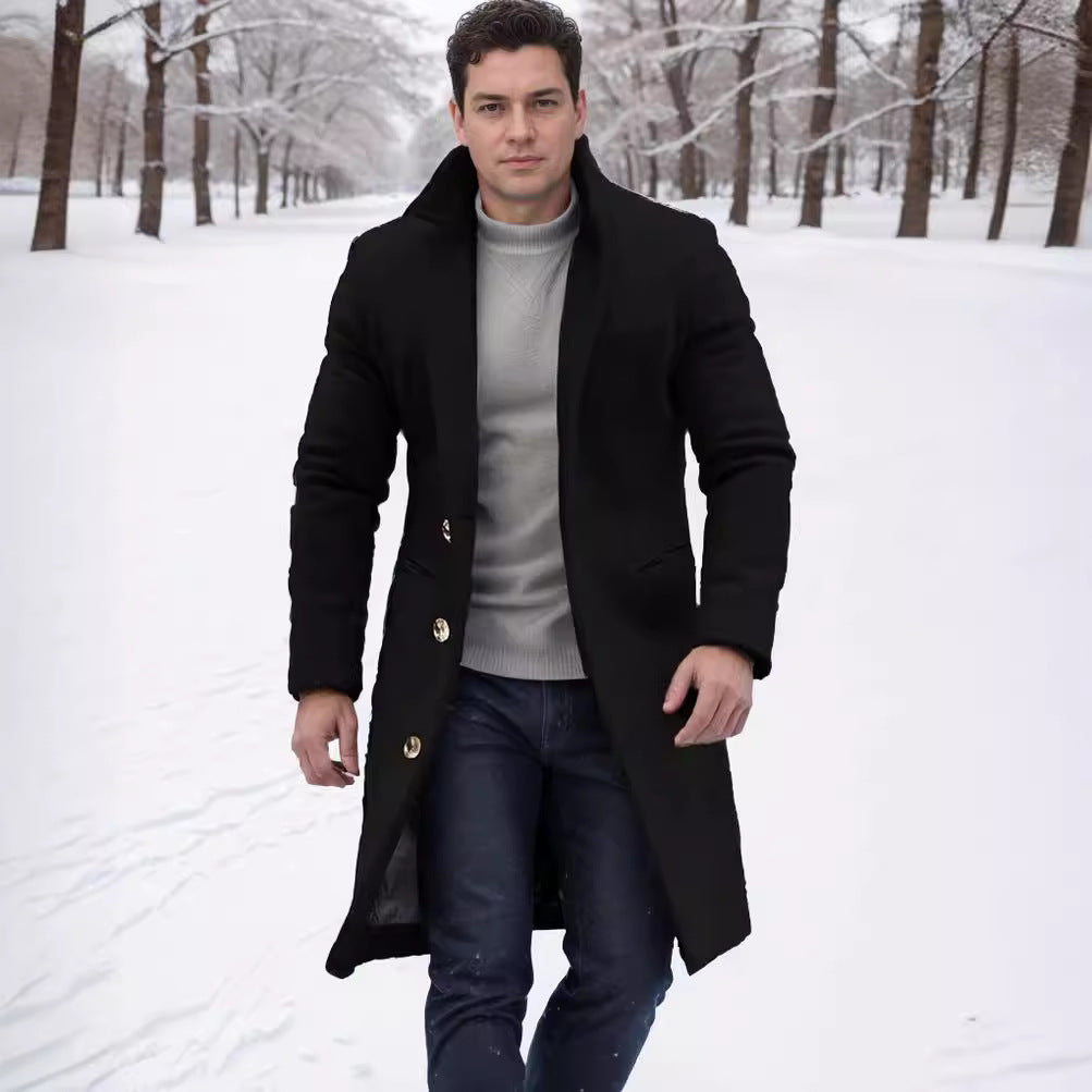 Herren eleganter Wollmantel mit schmalem Schnitt und goldenen Knöpfen R&B