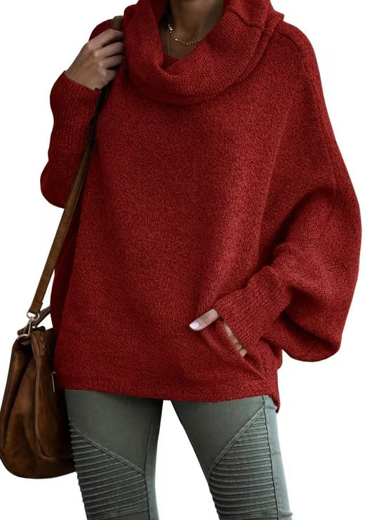 Damen lässiger Strickpullover mit weichem Stehkragen und weit geschnittenen Ärmeln R&B
