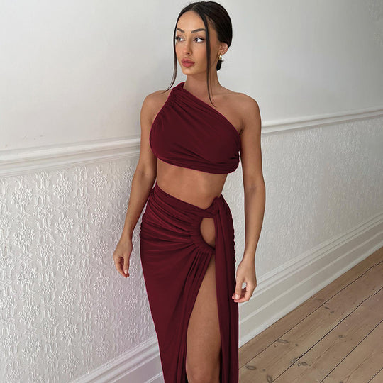 Damen Elegantes Wickelkleid mit einseitigem Schulterdesign R&B
