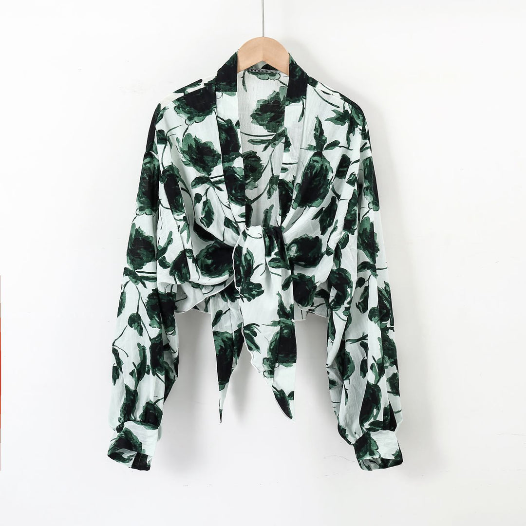 Damen nan florale Knoten-Bluse im Wickelstil mit Ballonärmeln und leichter Leinenoptik R&B