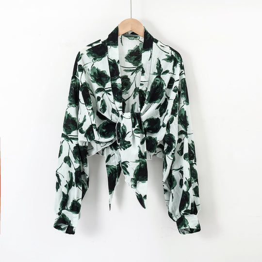 Damen nan florale Knoten-Bluse im Wickelstil mit Ballonärmeln und leichter Leinenoptik R&B