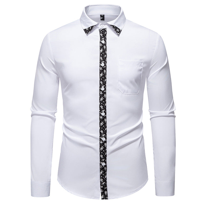 Herren elegantes Langarmhemd mit floralem Kragen und Brusttasche R&B