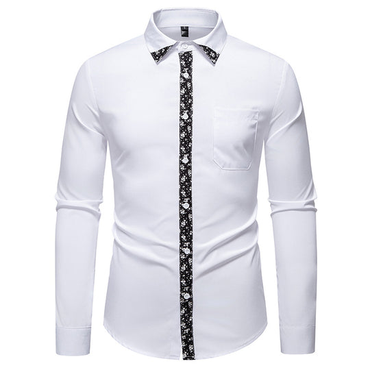 Herren elegantes Langarmhemd mit floralem Kragen und Brusttasche R&B