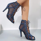 Damen offene Schnürstiefeletten im R&Brnen Mesh-Design mit hochwertigem Absatz R&B