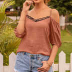 Damen Off-Shoulder Bluse mit Spitze und Volantärmel